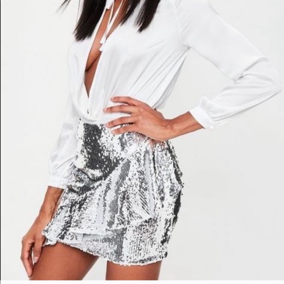 Missguided silver sequin ruffle mini skirt size 2 - Picture 3 of 9
